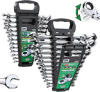 SK Flex-Head Ratcheting Wrench Set, Combination Wrench Set, 25-Piece, SAE 1/4" to 1", Metric 8 to 19mm, 72-Tooth, Premium CR-V Construction, with Rack Organizer
