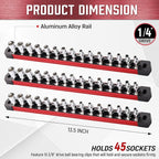 ALOANES 3-Piece Magnetic Socket Organizer, Heavy Duty Aluminum Socket Rails Organizer, Socket Rail Holder for Tool Box, 1/4-Inch Socket Holder x 45 Stainless Clips (Red)
