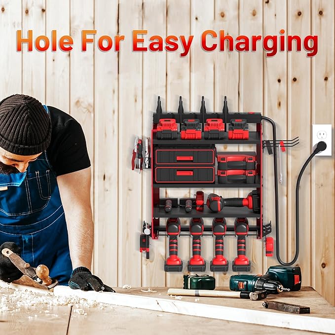 Power Tool Organizer Wall Mount with Charging Station, Garage 4 Drill Storage Shelf with Cordless Tool Holder, Heavy Duty Rack with 8 Outlet Power Strips and Hooks, Gift for Men, Husband (4 Layer)