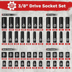 3/8" Drive Impact Socket Set, 50 Piece Standard SAE (5/16 to 3/4 inch) and Metric (8-22mm) 6 Point, with Adjustable Ratchet Handle, Extension Bars, Impact Universal Joint, Adapter, Cr-V Steel