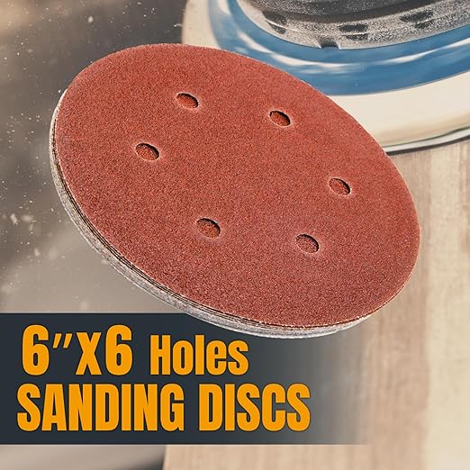 POWERTEC 60 Grit, 25 PK, 6 Inch Sanding Discs – Hook and Loop, 6-Hole Aluminum Oxide Orbital Sander Pads, Woodworking & Paint Round Sandpaper for Random Orbital, Air, Pneumatic & DA Sanders (45206)