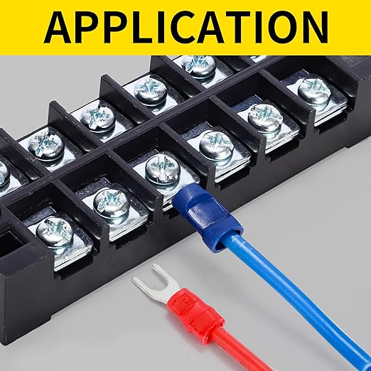 150PCS Fork Wire Connectors Insulated - Blue 16-14 AWG M4 Stud Size #8 - U-Type Tinned Copper Spade Electrical Crimp PVC Terminals