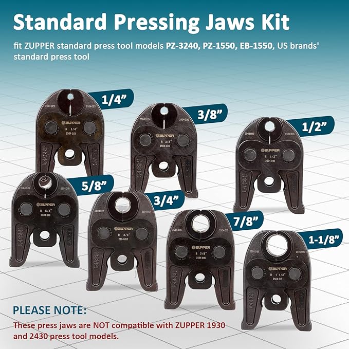 7PCS Press Jaws Kit 1/4" to 1 1/8" for RLS ACR Copper Pipes Compatible with Standard Press Tools (32 kN/ 7,200 lbs) Suitable for HVAC/R, Refrigeration Hydraulic Pressing Tools