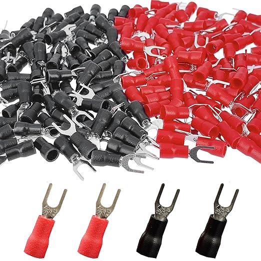 200PCS Insulated Fork Wire Connector,AWG22-16 Black & Red U Type Electrical Crimp Terminals,#4 Stud Size Spade U Connector (100 Pcs Red +100 Pcs Black)…