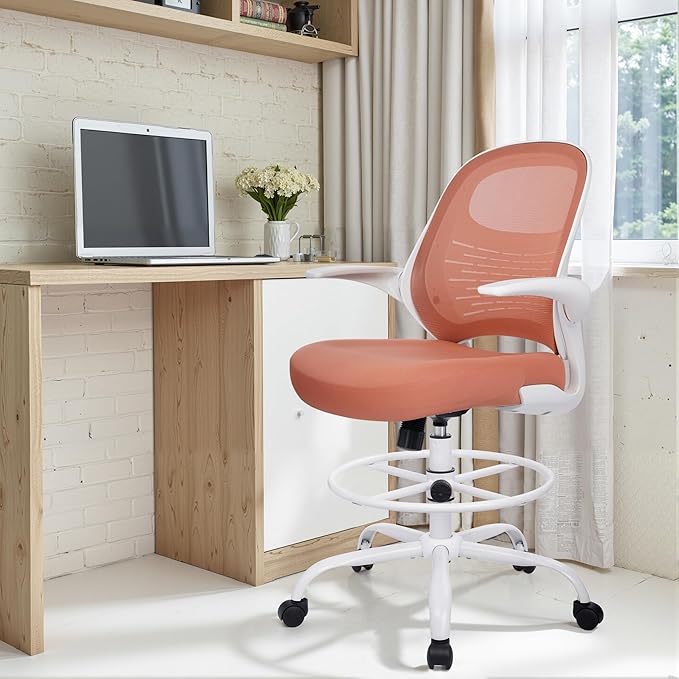 HYLONE Tall Drafting Chair Standing Desk Chair with Flip-Up Armrests, Adjustable Height Ergonomic Office Chair with Footrest Ring - High Stool Chair for Standing Desk (Pink)