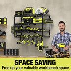 4 Layer Power Tool Organizer Wall Mount, Battery Tools Holder with Charging Station Shelf, Cordless Drill Hanger Storage Rack for Garage Organization, Workshop, Pegboard - 24 Inch 6 Slots