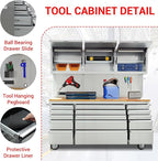 CT Copper Tailor 72-inch Rolling Tool Chest with Integrated Power Strip,15 Drawers and Wheels, Garage Workbench with Storage, 3 Upper Cabinets, Pegboard in Stainless Steel