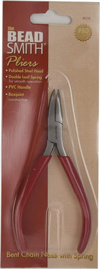 The Beadsmith Slim Line Bent Chain Nose Pliers, 4.75 inches (120mm) with polished steel head, red PVC comfort grip handle with double-leaf spring, tool for jewelry making