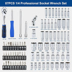 SORAKO 87-Piece Drive Socket Wrench Set, 1/4-Inch Drive, Chrome Vanadium Steel, Includes 72 Tooth Ratchet, Sockets, Case