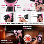 WORKPRO Pink Cordless Drill Driver with Toolbox, 8V Lithium-ion Power Drill and Bits, 2.0 Ah Portable Electric Screwdriver Home Tool Set with Stackable Pink Ribbon Tool Box