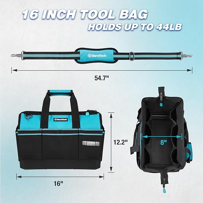 DURATECH 16-Inch Heavy Duty Tool Bag with Waterproof Hard Bottom, Tool Bag Organizer Wide Open Mouth with 18 Pockets, Portable Toolbag for Men Mechanic Electrician Plumber HVAC
