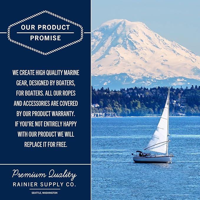 RainierSupplyCo Boat Anchor Rope - Double Braided Marine Rope Anchor Line - 50 ft x 1/4 Inch Nylon Boating Line with 316 Stainless Steel Thimble and Heavy Duty Marine Grade Snap Hook - Black