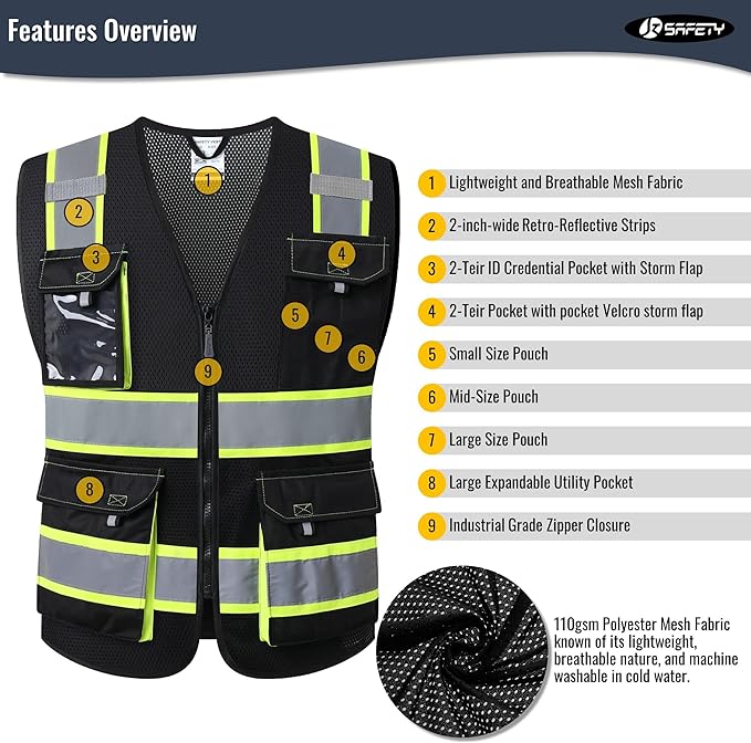 JKSafety Hi Vis Reflective Safety Vests for Men Women High Visibility Vest with Pockets Mesh Fabric Construction Safety Apparel Neon Vest for Work (220-Black 4XL)