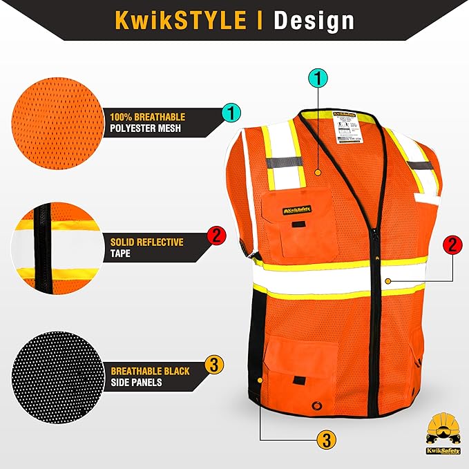 KwikSafety - Charlotte, NC - BIG KAHUNA Safety Vest [2 PACK] Class 2 ANSI OSHA Reflective Vest Durable High Visibility Vest Construction Safety Vest for Men Industrial Work Gear/Orange Medium
