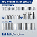 WORKPRO 32-Piece 3/8-inch Drive Metric Sockets and Ratchet-Including 30 Metric Deep and Shallow Sockets, 6-20mm with Magnetic Organizer and 72-Tooth Quick Release Reversible Ratchet for Auto Repair