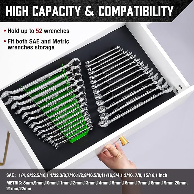 ALOANES 52-Slot Metal Wrench Organizer, Heavy Duty Wrench Organizer Tray for Tool Box, Fit SAE & Metric Wrench Storage, 4 Pack Wrench Holders(Green)