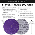 6-Inch 800 Grit Ceramic Multi-Hole Hook & Loop Sanding Discs - Advanced Grain for Fast Cutting & Long Life - Film-Backed Universal Fit Sandpaper for 6-in Sanders - 50 Pack Box