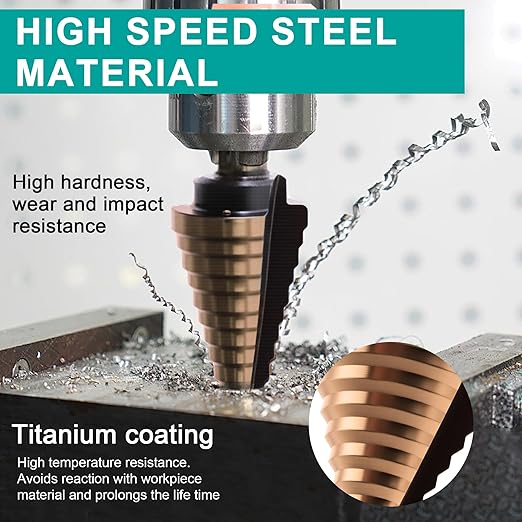 Step Drill Bit Set 5PCS, Step Drill Bit for Metal Plastic Aluminum Iron Stainless Steel Wood, High Speed Steel Titanium Coated Cone Drill Bits