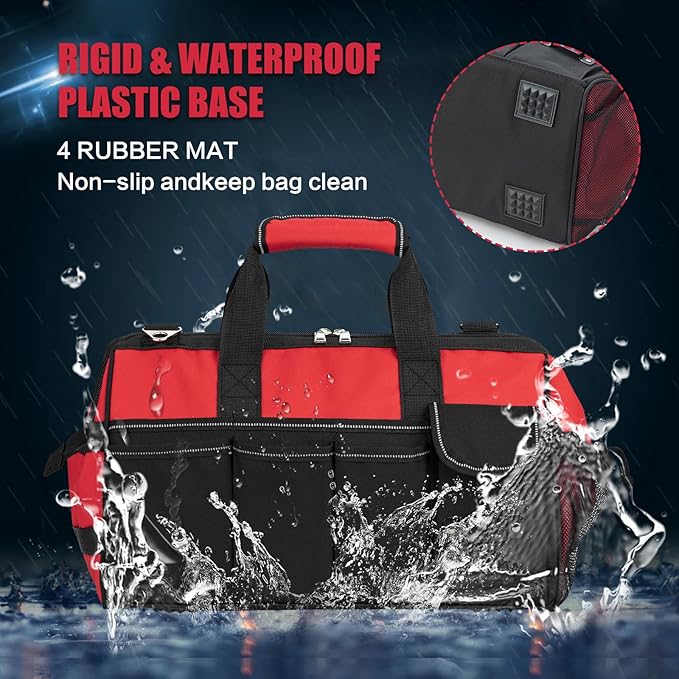Tool Bag, Foldable Open 16 Inch Top Tool Bag Organizer for Easy Tool Access, Water-Resistant Construction, Electrician ToolBag with Handle & Padded Adjustable Strap, Red
