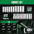 SK 1/2" Drive Socket Set, SAE Sockets, 11-Piece 7/16" to 1-1/16", SuperKrome Finish, Premium CR-V Construction, with Aluminum Socket Organizer