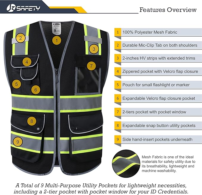 JKSafety 9 Pockets High Visibility Zipper Front MESH Black Safety Vest | Black with Dual Tone High Reflective Strips | ANSI/ISEA Standards (100-Black, XL)