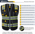 JKSafety 9 Pockets Hi-Vis Black Safety Vest for Men Women High Visibility Reflective Construction Mesh Fabric Cushioned Collar Work Utility PPE Work Gear ANSI/ISEA compliant (100-Black, 3XL)