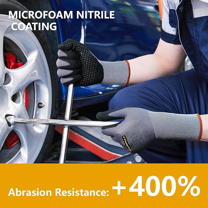 Tarantula Safety Work Gloves MicroFoam Nitrile Coated 3 Pairs,Endurance Seamless Knit Nylon,Dots on Palm,Dot Grip Gloves,Lagre