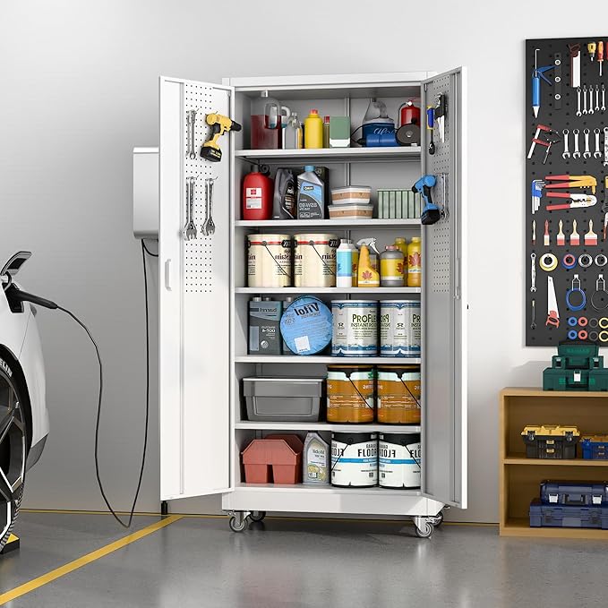 Garage Storage Cabinet with Pegboard and 5 Adjustable Shelves, 71'' x 32'' x 16''Metal Lockable Cabinet with Magnetic Doors,Tool Storage,Home Office Garage,Gym,School(White)
