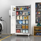 Garage Storage Cabinet with Pegboard and 5 Adjustable Shelves, 71'' x 32'' x 16''Metal Lockable Cabinet with Magnetic Doors,Tool Storage,Home Office Garage,Gym,School(White)