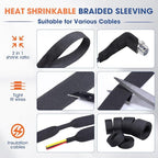 2:1 Heat shrinkable Braided Sleeving Fabric Wire Loom High Temp Heat Shrink Wiring Harness Abrasion Protector Cable Sleeve(1/2"-15ft)