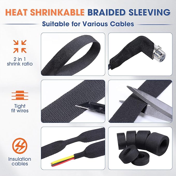 2:1 Heat shrinkable Braided Sleeving Fabric Wire Loom High Temp Heat Shrink Wiring Harness Abrasion Protector Cable Sleeve(1/2"-15ft)