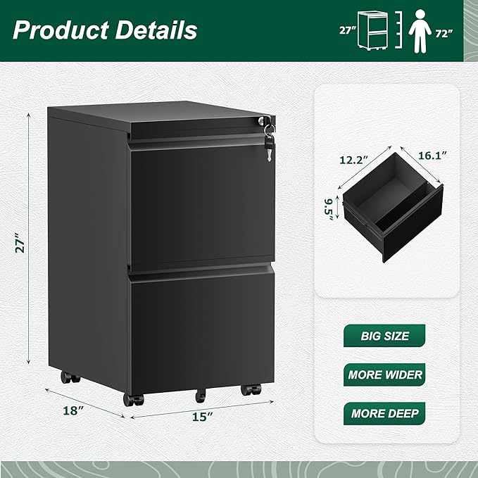 Superday 2 Drawer File Cabinet, Metal Rolling Filing Cabinet with Lock, Small File Cabinets with 2 Drawer, Filing Cabinets for Home Office Fit A4/Letter/Legal, Easy Assemble, Black