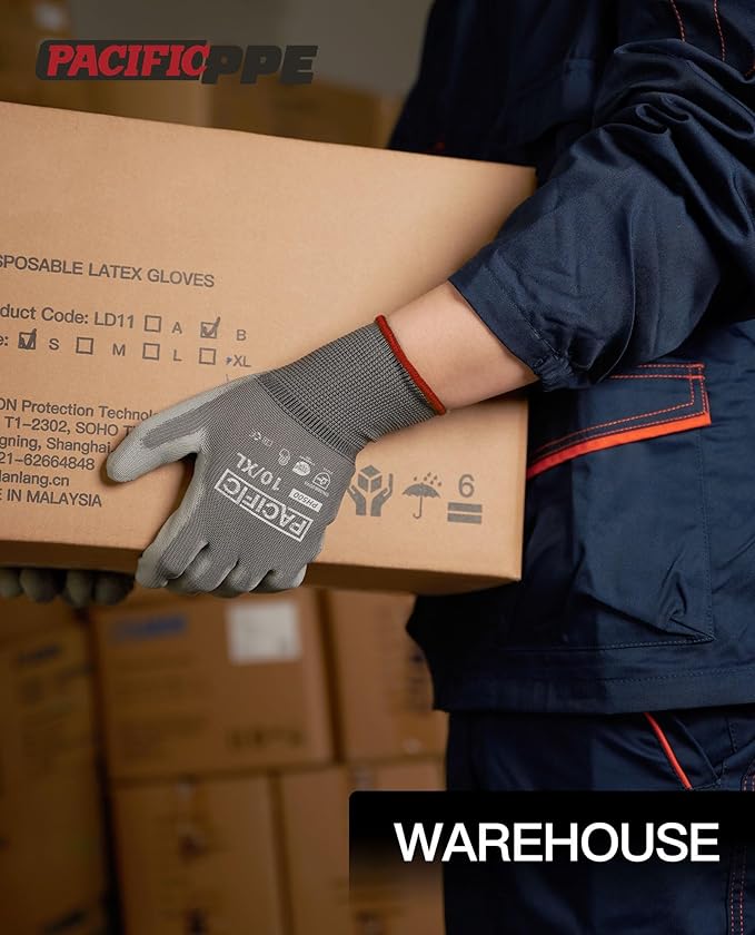 PACIFIC PPE Work Gloves for Men and Women, 18 Pairs Bulk Pack Mechanic Touchscreen Working Gloves, PU Coated, Mens Gardening Gloves, Lightweight, Grey, Large