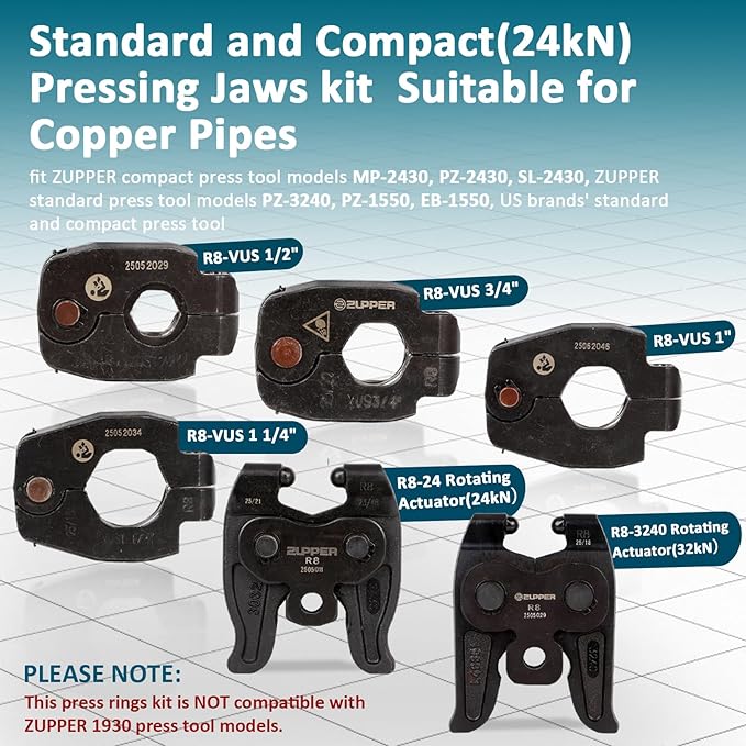 4PCS Copper Press Rings 1/2" to 1-1/4", 2Pcs R8 Rotating Adaptors R8-24 and R8-3240 Suit for Narrow,Angled Installation Areas Compatible with Press Tools(24kN and 32kN)