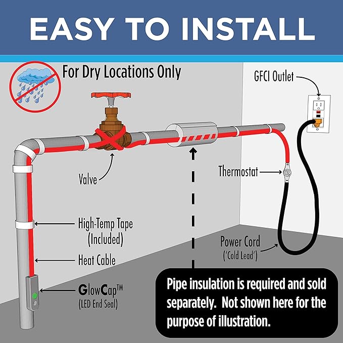 Radiant Solutions Company Intelligent Heat Tape for Water Pipe Freeze Protection - with GlowCap™, Built-in Thermostat, Tape Included, 10-yr Warranty, Heavy-Duty, Self-Regulating, 120V (30 Ft)
