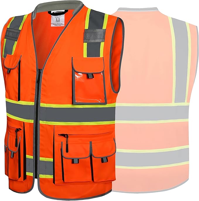 JKSafety 10 Pockets Class 2 Hi-Vis Zipper Front Safety Vest | Cushioned Collar | High Reflective Tapes with Extended Neon Yellow Strips | Meets ANSI/ISEA Standards (Large, 89-Orange)