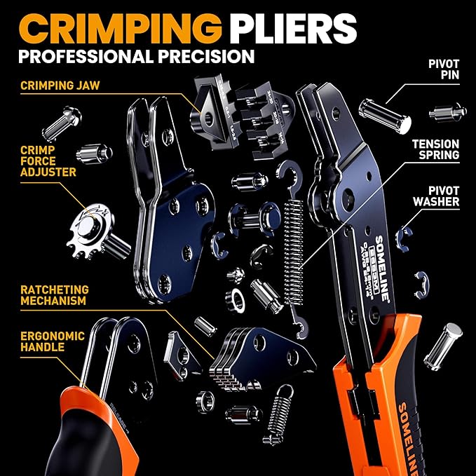 SOMELINE Spade Connector Crimping Tool Kit 24–14 AWG, 40 Types 2.8/4.8/6.3/7.8 mm Quick Disconnect Non-Insulated Connectors and Terminal Housings – Open Barrel Crimping Tool & Automatic Wire Stripper