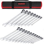 TRUE MECHANIC™ 20 Pc. Reversible Ratcheting Combination Wrench Set, Non-Slip, Long Pattern, SAE, Metric, Professional, With Portable Roll-Up Pouch Bag…