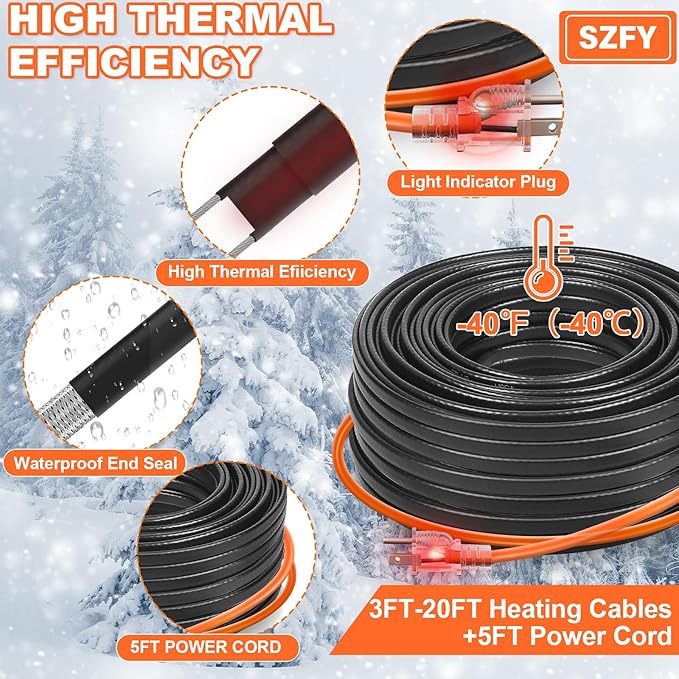 3FT Heat Tape for Water Pipes, -40°F Deicing Cable,Pipe Heating Cables for Roof,Gutter，Farm，Freeze Protetion Heat Trace Cable, Heated Water Hose,Plumbing Fixtures,120V 5W/FT