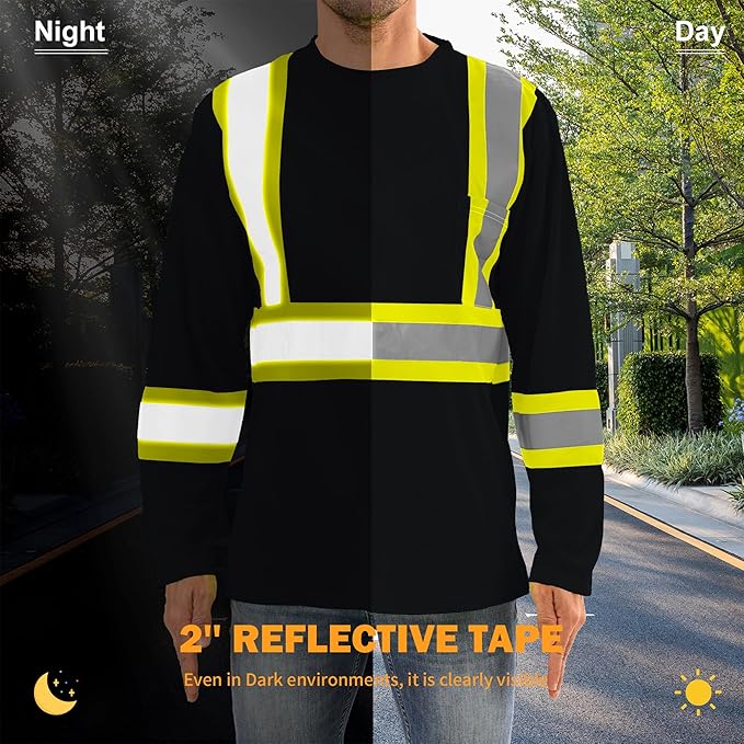 Hi Vis Safety Long Sleeve Shirts，High Visibility Class 3 T Shirts with Reflective Strips and Pocket, Quick Dry Mesh Construction Work Shirt for Men/Women (Black,4XL)
