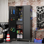 71" H Metal Garage Storage Cabinet with Locking Doors and 2 Adjustable Shelves, Rolling Tool Storage Cabinet with Wheels, Drawer, Pegboard and 16 Hooks for Garage, Warehouse, Black