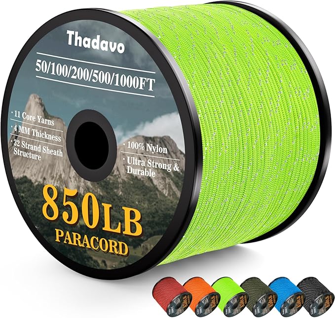 850Ib Reflective Paracord Rope, 50/100/200/500/1000ft 4MM 11 Strand Parachute Spool Cord, Paracord Lanyard String for Tent, Camping, Hiking, Fishing, Survival Bracelet, Neon Green 1000FT