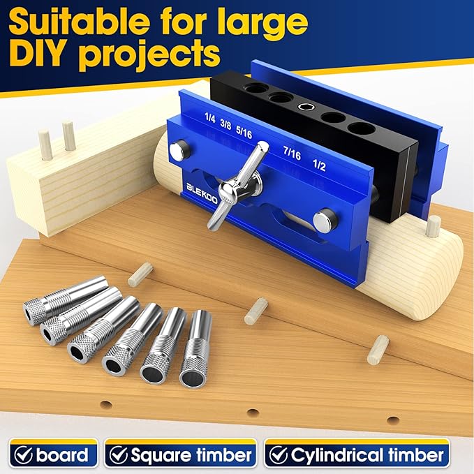 Self Centering Doweling Jig Kit, Drill Jig For Straight Holes Biscuit Joiner Set With 6 Drill Guide Bushings, Adjustable Width Drilling Guide Power Tool Accessory Jigs (Blue)