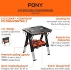 Pony Portable Folding Work Table, 2-in-1 as Sawhorse & Workbench, 31” W×25” D×25”-35”H, Large Load Capacity with 4pcs Clamps, 4pcs Bench Dogs