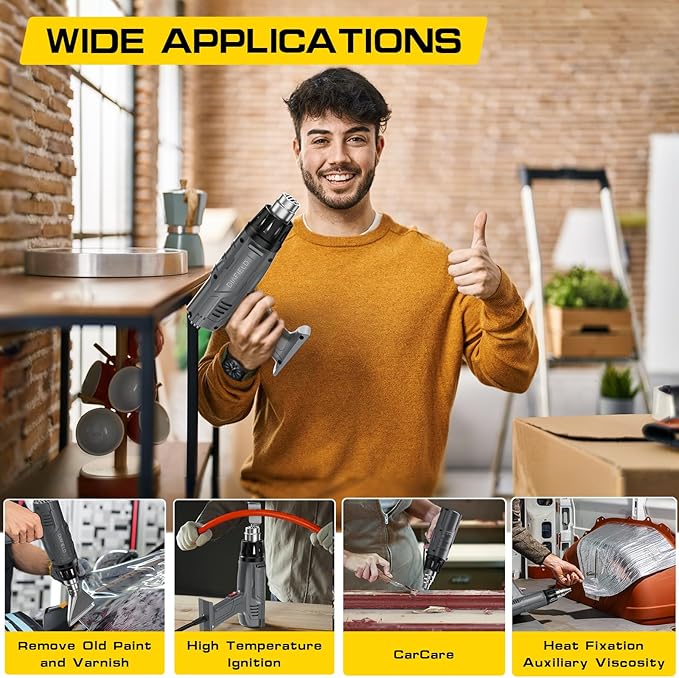 DIAFIELD 1850W Heat Gun, Dual Temperature Settings, AUTOXEL Fast Heat Hot Air Gun, Durable& Overload Protection, with 4 Nozzles for Shrink Wrap, Vinyl, Crafts, Epoxy Resin