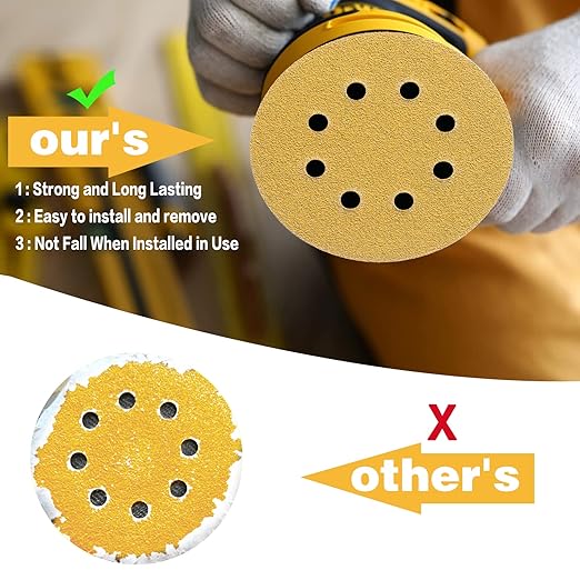 100PCS 5 Inch 8 Hole Sanding Discs 240 Grit,Gold Round Hook and Loop Sandpaper for Random Orbital Sander