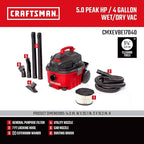 Craftsman CMXEVBE17040 4 Gallon 5.0 Peak HP Wet Dry Vac, Portable Shop Vacuum Wet and Dry with Filter, Hose and Attachments for Home and Automotive Cleaning