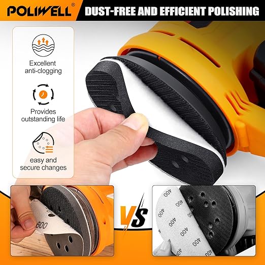 POLIWELL 5 Inch Sanding Discs 8-Hole Hook and Loop Sandpaper Wet Dry Sanding Sheets 80 to 2000 Assortment Grits 50 Pack with 5” Interface Pad for Random Orbital Sander Automotive Wood Metal Plastic