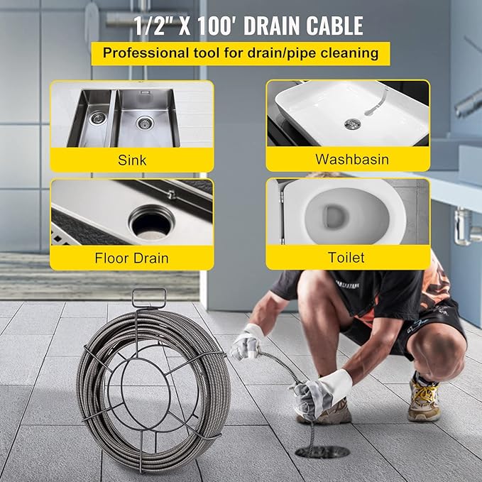 VEVOR Drain Cleaning Cable 100 ft x 1/2 inch Solid Core Cable Sewer Cable, Drain Auger Cable Cleaner, Snake Clog Pipe Drain Cleaning Cable W/Four Shapes of Cutters