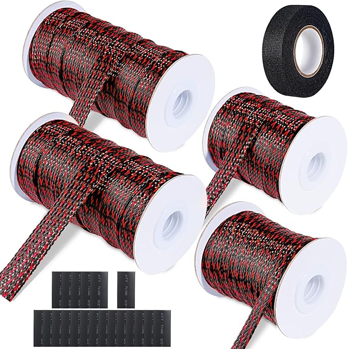 132 ft Expandable Braided Cable Sleeve Wire Loom PET Wire Sleeving，Wrap Management Mesh for Audio Video and Other Home Device Cable Automotive Wire - (1/2 Inch, 1/4 Inch, 2/5 Inch,3/4 Inch, Red)